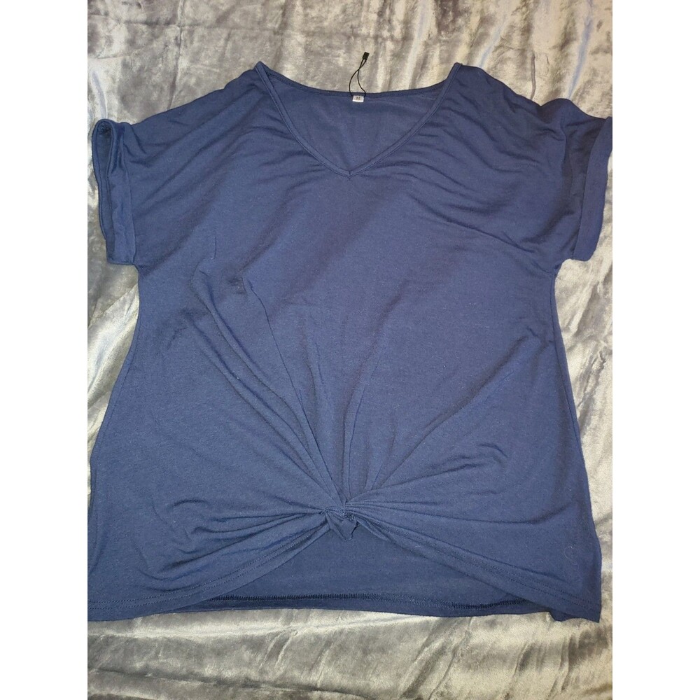Womens Tshirt Blue Knot Front Light Weight Short Rolled Sleve Rayon Blend